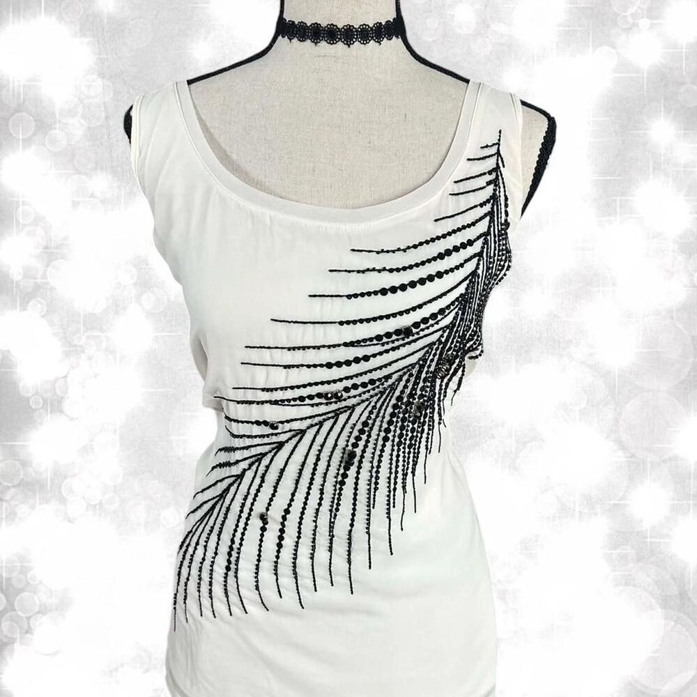 Express White Tank Top with Black Beaded Feather Design - Y2K - Vintage